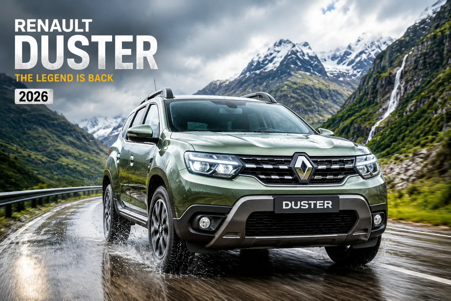 Renault Duster 2026 SUV driving on a mountain highway with 19.41 KMPL mileage